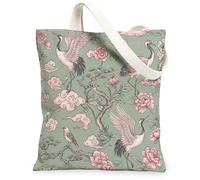 Crane Canvas Tote Bag for Women, Oriental Floral Peony Cloud Spring Green Washable Reusable Everyday Tote Bags Ideas for Family Friends Colleagues Reading Loves 13x15 Inch