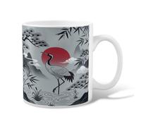 Crane Ceramic Coffee Mug, Traditional Minimalistic Plant Mountains Red Novelty Hot Chocolate Mug with Handle Ideal for Friends Family Co-Worker Lovers Eldership Senior 11 Oz