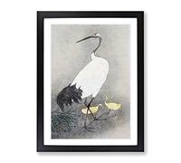 Crane & Chicks By Ohara Koson Asian Japanese Framed Print | A3 Black Framed Wall Art | Ready to Hang | Asian Animal Picture | Living Room Bedroom Lounge Office