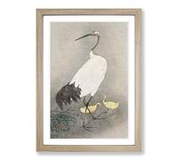 Crane & Chicks by Ohara Koson Framed Print | A2 Oak Framed Wall Art | Ready to Hang | Modern Animal Picture | Living Room Bedroom Lounge Office