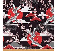 Crane Fabric by The Yard Cherry Blossoms Upholstery Fabric for Quilting Sewing Clothing Retro Japanese Style Decorative Fabric Upholstery and Home Accents, DIY Craft Patchwork, 1 Yard, Red