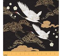Crane Fabric by The Yard,Japanese Style Ukiyeo Decorative Fabric for Upholstery and Home DIY Projects,Golden Clouds Geometric Pattern Precut Fabric Squres,3 Yards