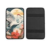 Crane Flower Car Armrest Cushion Japanese Tradition Waterproof Auto Center Console Pad Car Armrest Seat Box Cover Protector Universal Fit for Most Vehicle SUV