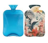 Crane Flower Japanese Bird Hot Water Bottle with Cover, 2L Hot Water Bag for Pain Relief, Neck and Shoulder, Hand Feet Warmer