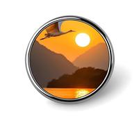 Crane Flying Over Water Sunset Round Brooch Pins Badge Printed Button Tie Lapel Backpack Pin Decoration for Women Men