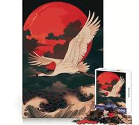 Crane Flying Over Waves, Red Moon 1000 Piece Jigsaw Puzzle for Adults Brain Exercise DownTime Game Family Game Home Display (38x52cm)