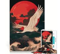 Crane Flying Over Waves, Red Moon 1000 Piece Jigsaw Puzzle for Adults Brain Exercise DownTime Game Family Game Home Display (38x52cm)