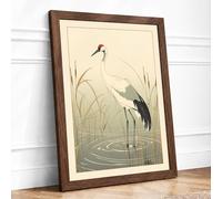 Crane in Still Waters Japandi Framed Wall Art Print A1 (84.1×59.4cm) Walnut, Wall Decor for Living Room, Bedroom, Office & Home, Ready to Hang, Art Gift