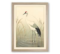 Crane in Still Waters Japandi Framed Wall Art Print A2 (59.4×42cm) Oak, Wall Decor for Living Room, Bedroom, Office & Home, Ready to Hang, Art Gift