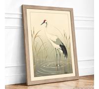 Crane in Still Waters Japandi Framed Wall Art Print A2 Oak