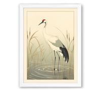 Crane in Still Waters Japandi Framed Wall Art Print A4 (29.7×21cm) White, Wall Decor for Living Room, Bedroom, Office & Home, Ready to Hang, Art Gift