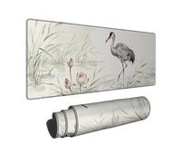 Crane Large Mouse Pad, Oriental Minimalistic Water Lily Reeds Spring Gray Rubber Non Slip Aesthetic Long Keyboard Mat Idea for Home Office Desk Laptop Gamers Gift 16x36 Inch