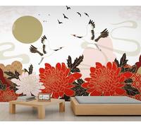 Crane Murals Flowers Chrysanthemum Floral Wallpaper for Girls Flying Bird Moon Sun Wallpaper Abstract Lines Wall Paper for Girls Bedroom Living Room Mural 250X175cm