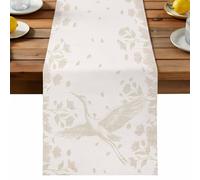 Crane Table Runner, Japanese Crane Silhouette Floral Leaf Beige Cotton and Table Linen Runner for Kitchen Dining Home Decor for Party Festival Holiday Decoration Gift 13x108in