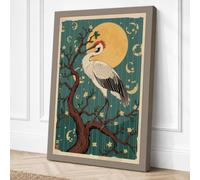 Crane Under Moon Japandi Canvas Wall Art Print 18x12 Inch