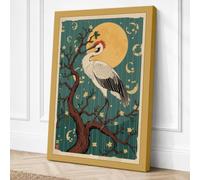 Crane Under Moon Japandi Canvas Wall Art Print 24x16 Inch