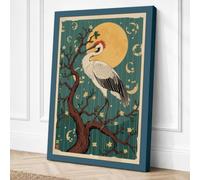 Crane Under Moon Japandi Canvas Wall Art Print 24x16 Inch