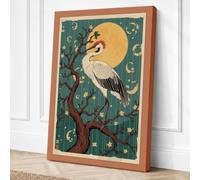 Crane Under Moon Japandi Canvas Wall Art Print 30x20 Inch