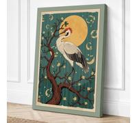 Crane Under Moon Japandi Canvas Wall Art Print 36x24 Inch