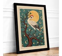 Crane Under Moon Japandi Framed Wall Art Print A2 (59.4×42cm) Black, Wall Decor for Living Room, Bedroom, Office & Home, Ready to Hang, Art Gift