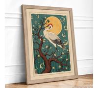 Crane Under Moon Japandi Framed Wall Art Print A2 (59.4×42cm) Oak, Wall Decor for Living Room, Bedroom, Office & Home, Ready to Hang, Art Gift
