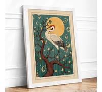 Crane Under Moon Japandi Framed Wall Art Print A2 (59.4×42cm) White, Wall Decor for Living Room, Bedroom, Office & Home, Ready to Hang, Art Gift