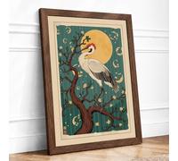 Crane Under Moon Japandi Framed Wall Art Print A3 (42×29.7cm) Walnut, Wall Decor for Living Room, Bedroom, Office & Home, Ready to Hang, Art Gift