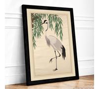 Crane Under Willow Japandi Framed Wall Art Print A2 (59.4×42cm) Black, Wall Decor for Living Room, Bedroom, Office & Home, Ready to Hang, Art Gift