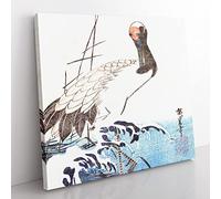 Crane & Wave by Utagawa Hiroshige Asian Japanese Canvas Wall Art Print Ready to Hang, Framed Picture for Living Room Bedroom Home Office Décor, 35x35 cm (14x14 Inch)
