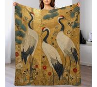 Cranes and Pine Trees Throw Blanket Golden Pattern Soft Flannel Sofa Bed | Soft flannel throw blanket with Asian Birds and Japanese Woodblock Printmaking, for sofa, bedroom, 32x48inch(80x120cm)