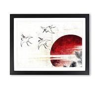 Cranes At Sunset By Katsushika Hokusai Asian Japanese Framed Print | A4 Black Framed Wall Art | Ready to Hang | Asian Animal Picture | Living Room Bedroom Lounge Office