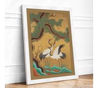 Cranes Beneath Ancient Tree Japandi Framed Wall Art Print A3 (42×29.7cm) White, Wall Decor for Living Room, Bedroom, Office & Home, Ready to Hang, Art Gift