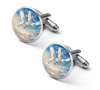 Cranes Birds Flying Sky Shirt Cufflinks Round Cuff Links for Business Wedding Party Father's Day Gift 1.7cm