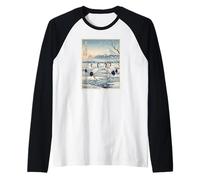 Cranes in A Snowy Marsh Mount Fuji and Rising Sun Ukiyo-e Raglan Baseball Tee