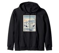 Cranes In A Snowy Marsh Mount Fuji and Rising Sun Ukiyo-e Zip Hoodie