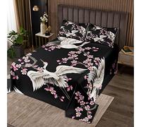 Cranes Quilted Coverlet Set Japanese Ukiyoe Quilted Bedspread Kids Boys Girls Branch Cherry Blossoms Black Japanese Exotic Style Room 3Pcs King Size