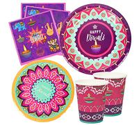 Cranight 64pc Diwali Tableware Set - 16 Guest Party Supplies Including Disposable Paper Plates, Cups, Napkins for Diwali Lights Party