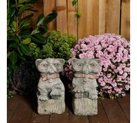 Cranky Cats Pair Stone Cast Garden Cat Statues Set
