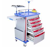 Crash Cart with Accessories - Mobile Emergency Treatment Trolley with IV Pole, Cardiac Board, O₂ Tank Holder, Trash Bin & Drawers for Clinic Nursing Center