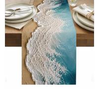 Crashing Wave Foam Table Runner Coastal Teal Heavy Impasto Ocean Gold Beach Washable Cotton Linen Dining Table Runner Tabletop Decorations for Restaurant Home Kitchen Party 13 x 90 Inch,