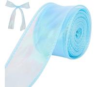 CRASPIRE 1-3/5” Iridescent Organza Sheer Ribbon Blue Holographic Tulle Gift Ribbon Handmade Decorative Chiffon Fabric for Gift Wrapping Wedding Flower Bouquet Christmas Wreaths Xmas Crafts Hair Bow