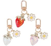 CRASPIRE 1 Box 3Pcs Strawberry Key Chains Fruit Keychain Bulk Red Pink Clear Acrylic Gold Alloy Enamel Daisy Flower Strawberries Charm Keychains with Swivel Clasps for Keys Purse Backpack Accessories