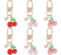 CRASPIRE 1 Box 6Pcs 3 Colors Cherry Key Chain Fruit Keychains Bulk Gold Metal Alloy Enamel Red Pink Purple Cherries Charm Keyring Keychain with Swivel Clasps for Keys Purse Backpack Bags Accessories