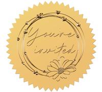 CRASPIRE 100Pcs 2 inch You're Invited Envelope Stickers Flower Heart Invitation Gold Foil Stickers Round Decal Medal Decoration Seals for Wedding Valentine's Day Invitations Card Packaging