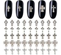 CRASPIRE 100Pcs Cross Nail Charms 3D 5 Style Y2K Metal Alloy Silver Flat Nail Gems Set Gothic Vintage Punk Studs Decor for Women Nail Art DIY Jewelry Charms Christmas Decorations Crafts Accessories
