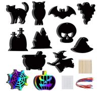 CRASPIRE 12 Styles Halloween Scratch Paper 48pcs Pumpkin Spider Black Cat Owl Skull Ghost Rainbow Scratch Art Cards Creative Holiday for Fun Party Supplies DIY Craft Pendant Kit Set With Ribbon Sticks