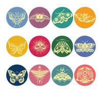 CRASPIRE 120Pcs 12 Styles Moth Round Stickers 2 Inch Insects Gold Foil Embossed Certificate Envelope Seals Sticker Colorful Self Adhesive Medal Label Decals for Graduation Notary Packaging Sealing