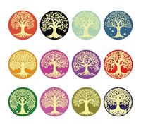 CRASPIRE 120Pcs 12 Styles Tree of Life Gold Foil Sticker 2In Trees Colorful Stickers Embossing Paster Self Adhesive Round Label for Envelope Gift Card Scrapbook DIY Party Decor Invitation Wrapping