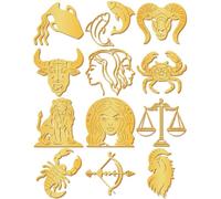 CRASPIRE 12Pcs Constellation Stickers Gold Metal Sticker with Purple Tweezer Waterproof Self Adhesive Alloy Decor Paster Libra Taurus Pisces Decals for Scrapbook DIY Crafts Bottle Phone Laptop Decors