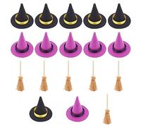 CRASPIRE 12Pcs Mini Witch Hats Halloween 2 Colors Polyester Mini Top Ornament Witch Hat Accessories with 6Pcs Wood Mini Broom Witches for Party Favors DIY Hair Accessories Crafts